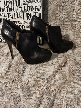 Michael Kors York Embossed Black Leather Ankle Booties with Gold Zippers
